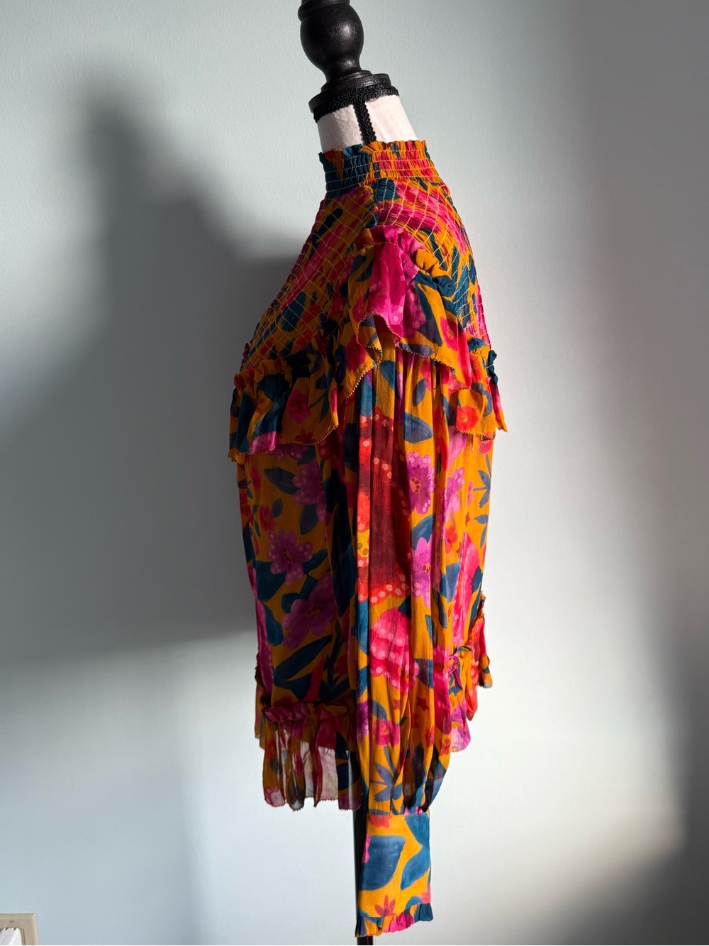 FARM Rio Floral Ruffle Blouse Long Sleeve Mock Neck Size XS - Picture 4 of 12